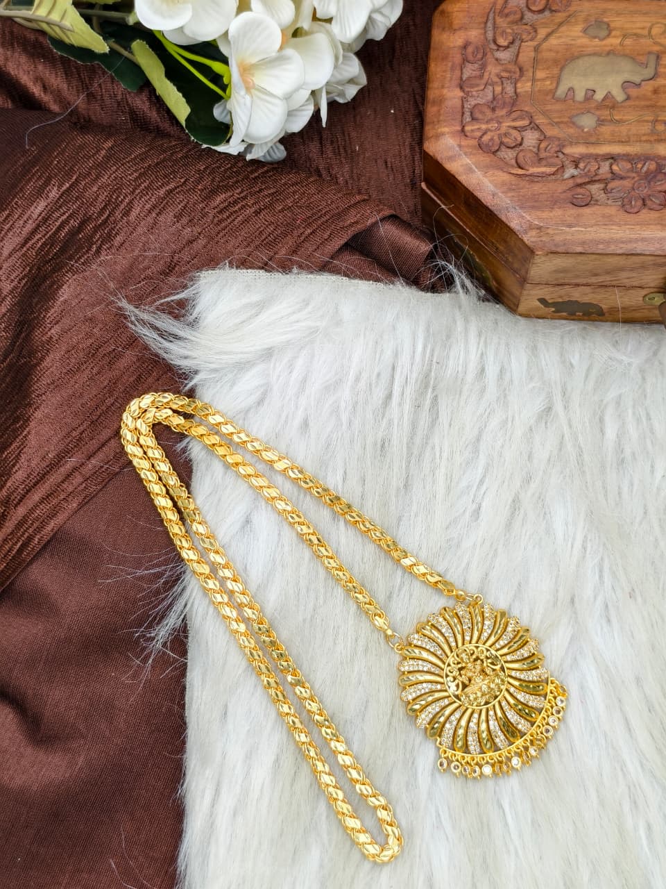 Women Impone Stone Dollar Chain with Gold Plated Finish