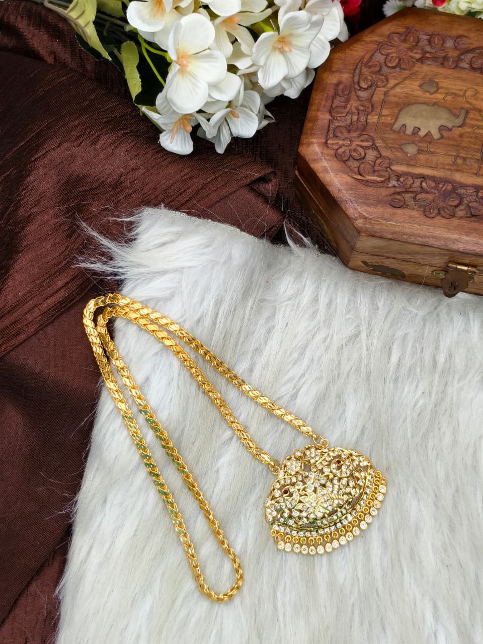 Women Impone Stone Dollar Chain with Gold Plated Finish