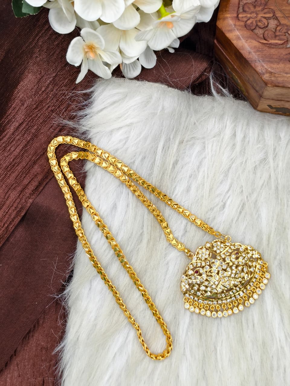 Women Impone Stone Dollar Chain with Gold Plated Finish