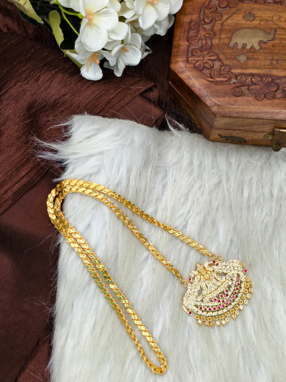 Women Impone Stone Dollar Chain with Gold Plated Finish
