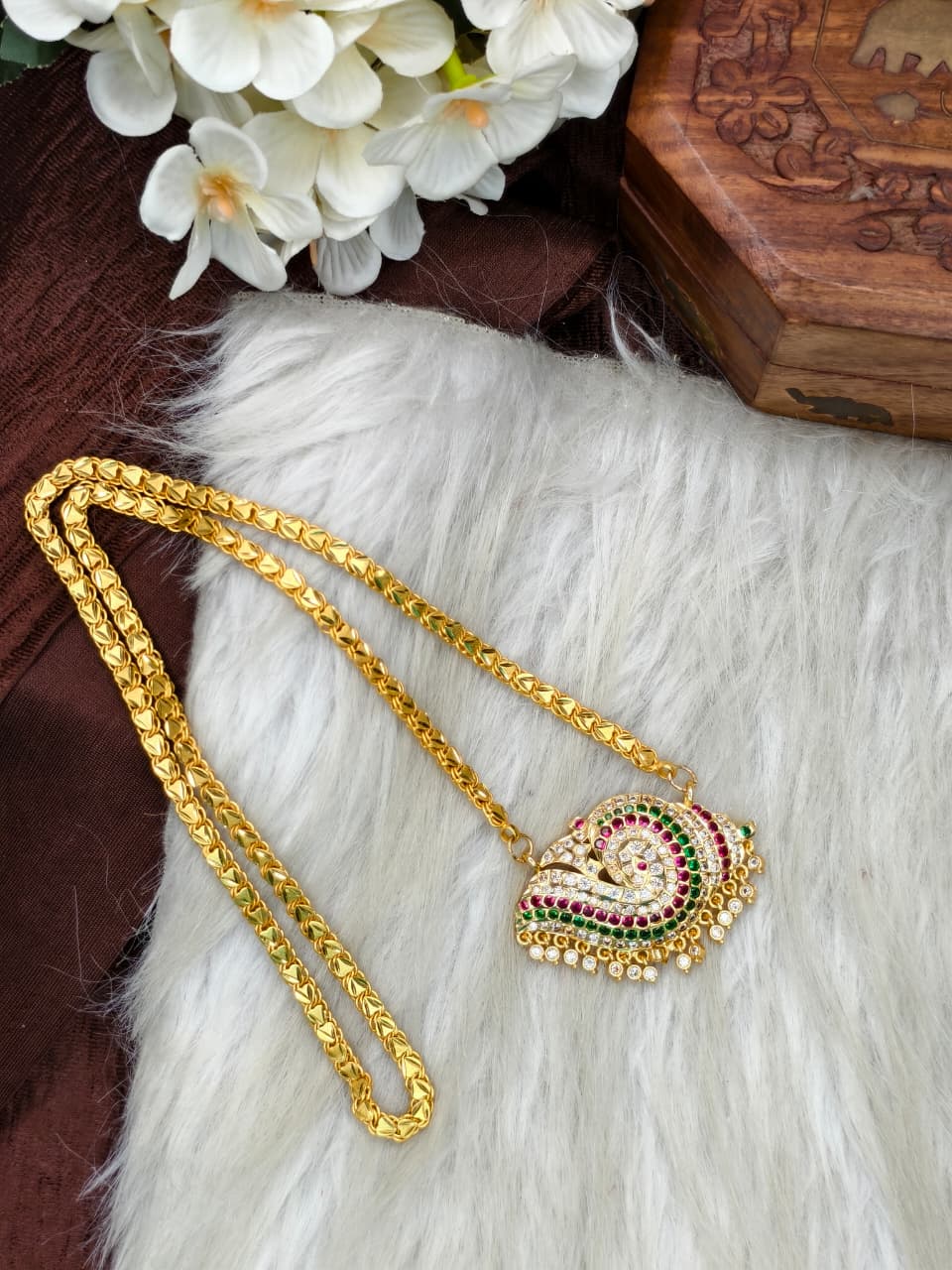 Women Impone Stone Dollar Chain with Gold Plated Finish