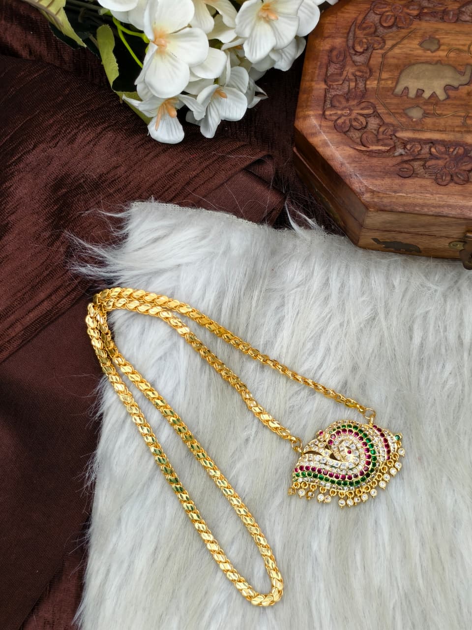 Women Impone Stone Dollar Chain with Gold Plated Finish
