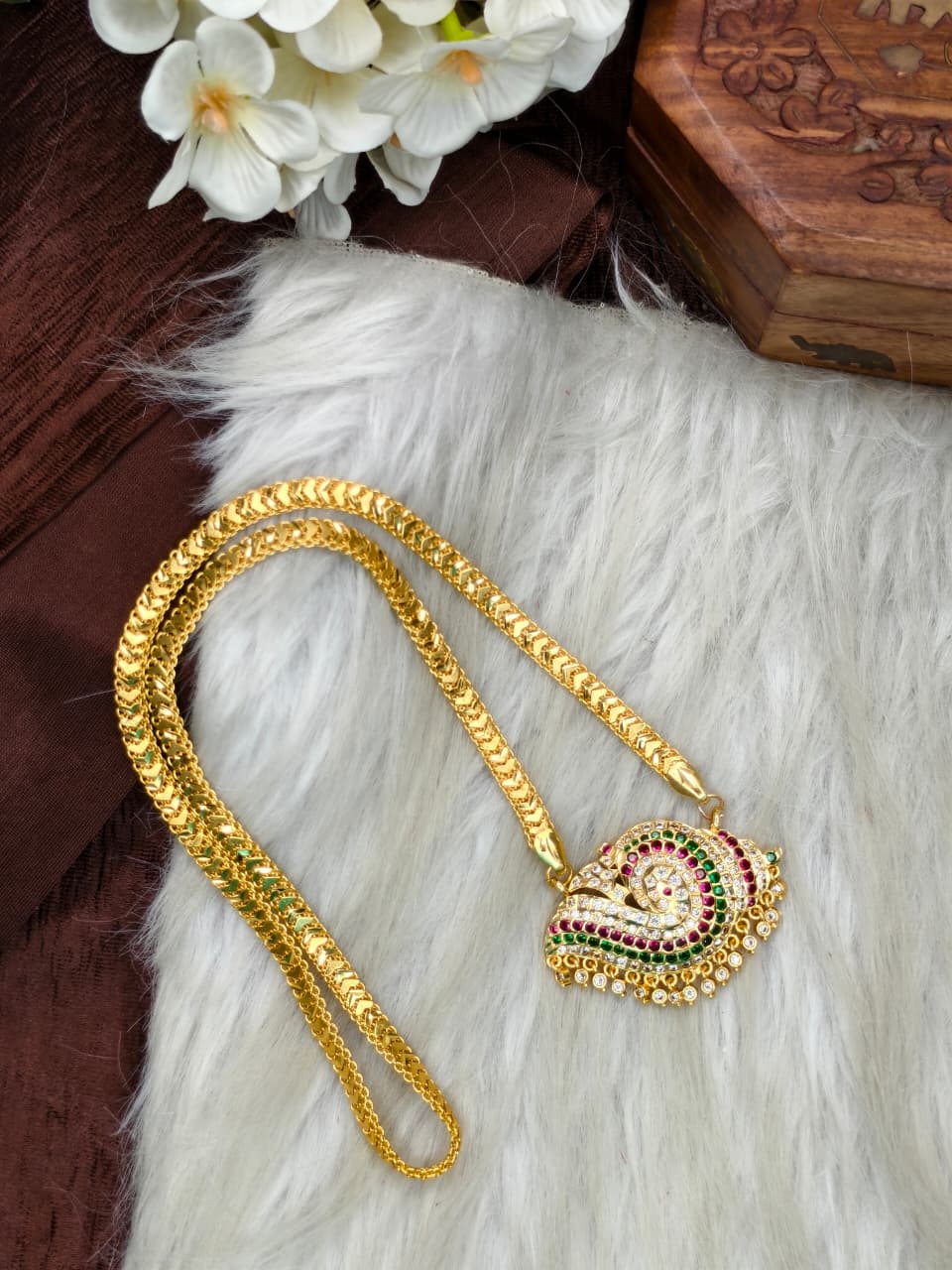 Women Impone Stone Dollar Chain with Gold Plated Finish