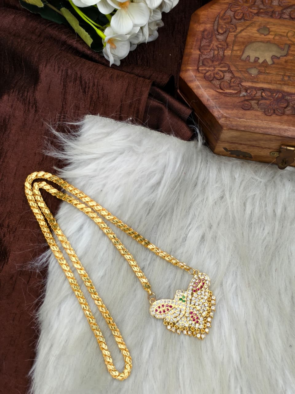Women Impone Stone Dollar Chain with Gold Plated Finish