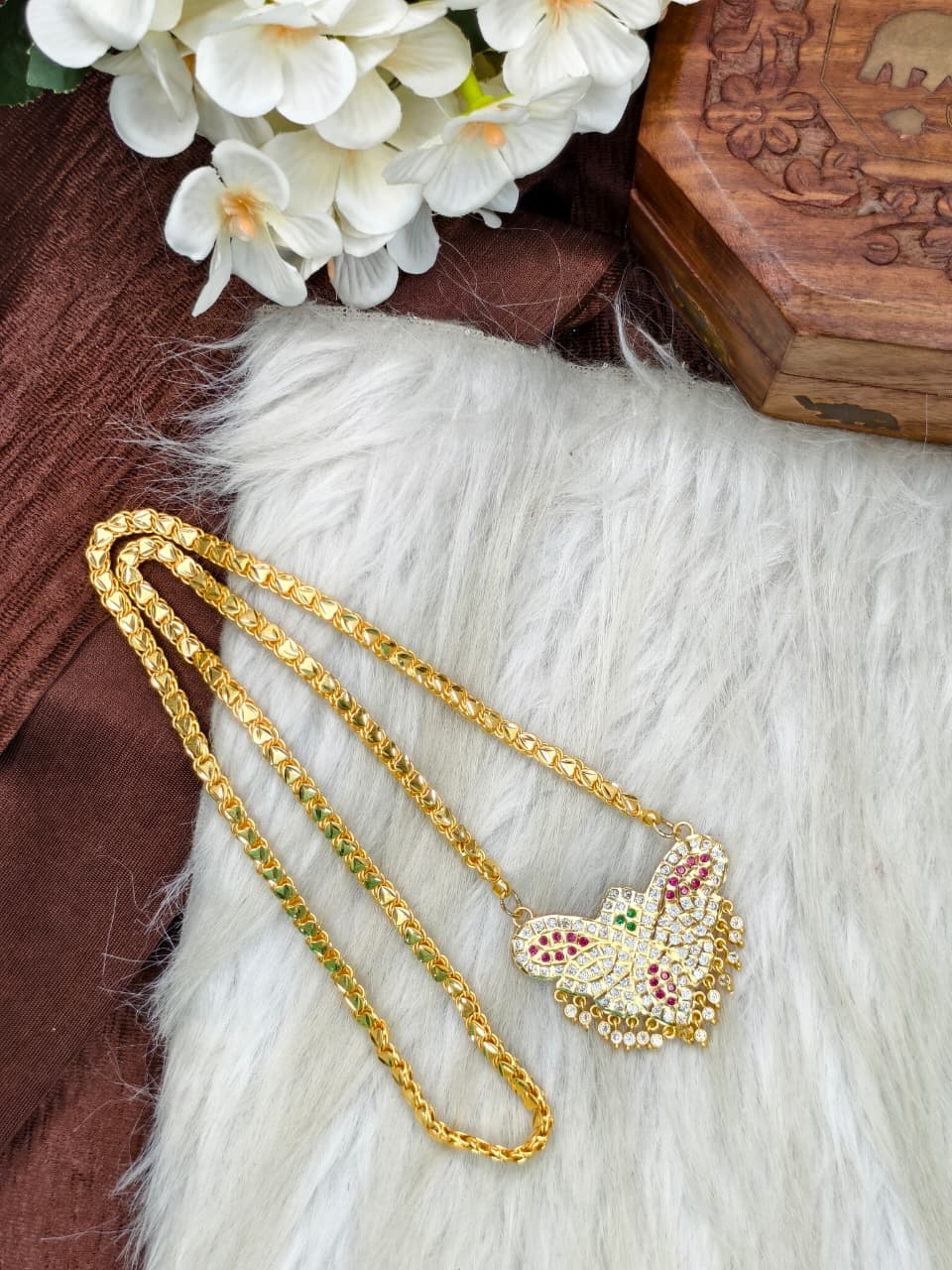 Women Impone Stone Dollar Chain with Gold Plated Finish