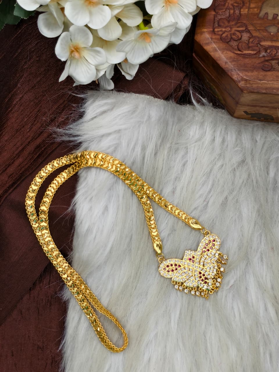 Women Impone Stone Dollar Chain with Gold Plated Finish