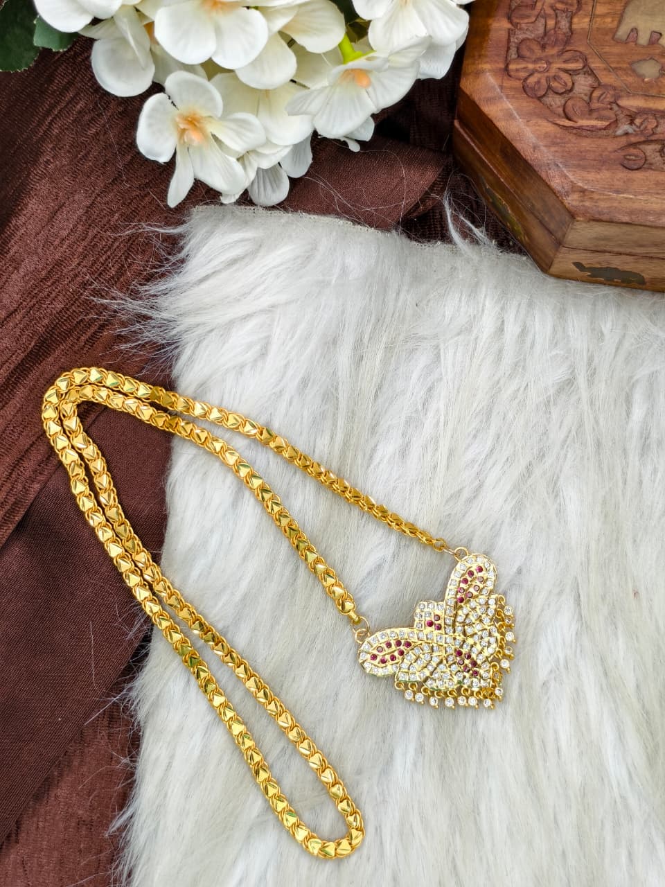 Women Impone Stone Dollar Chain with Gold Plated Finish