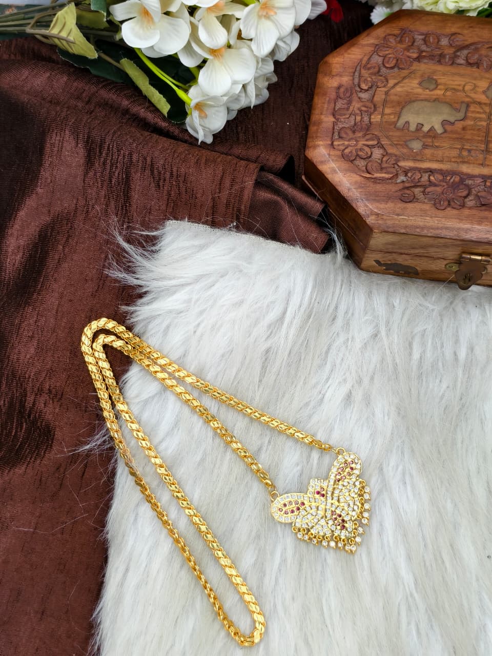 Women Impone Stone Dollar Chain with Gold Plated Finish