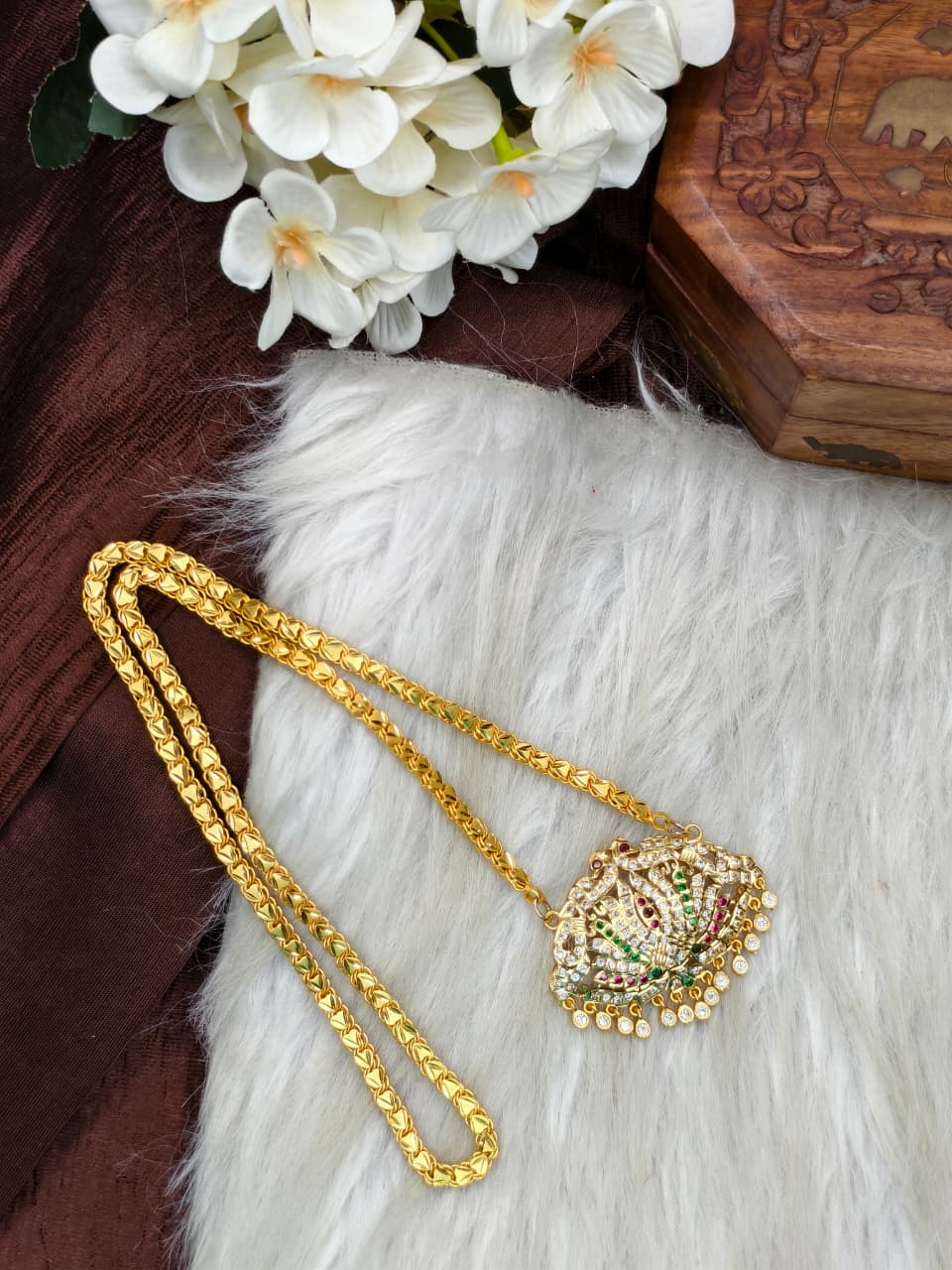 Women Impone Stone Dollar Chain with Gold Plated Finish
