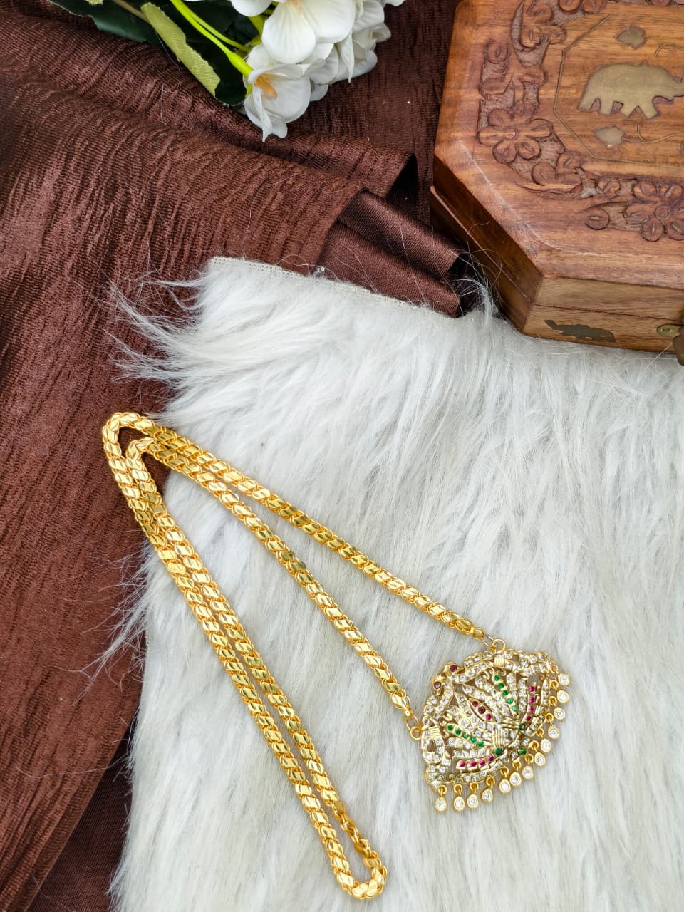 Women Impone Stone Dollar Chain with Gold Plated Finish