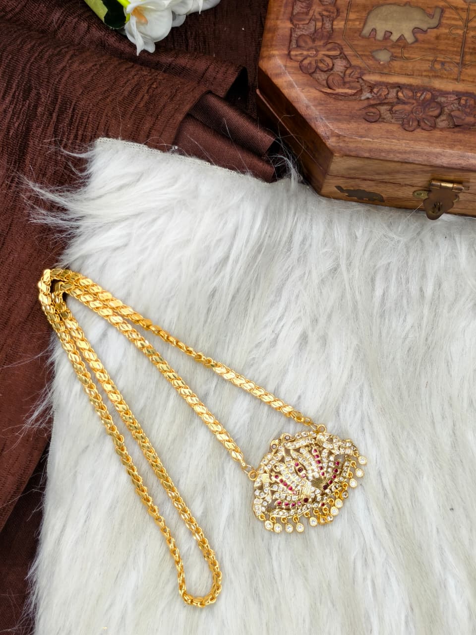 Women Impone Stone Dollar Chain with Gold Plated Finish