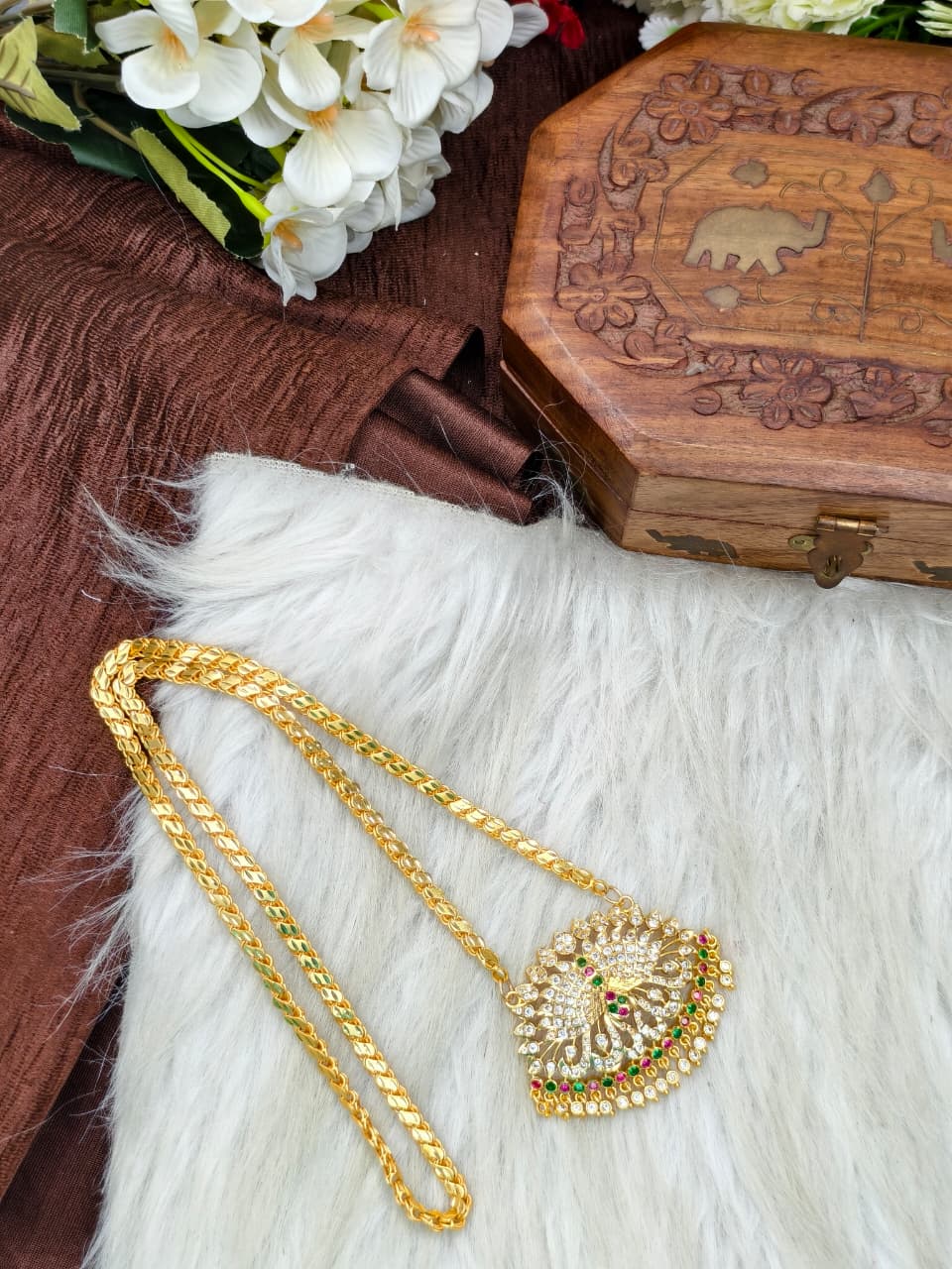 Women Impone Stone Dollar Chain with Gold Plated Finish