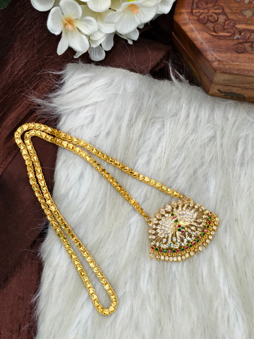 Women Impone Stone Dollar Chain with Gold Plated Finish