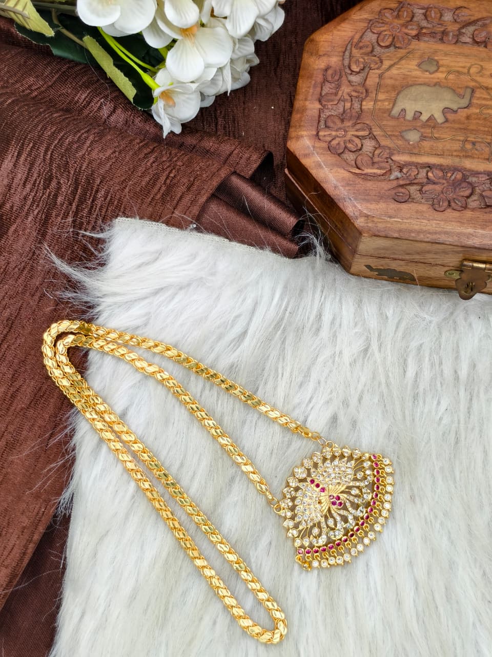 Women Impone Stone Dollar Chain with Gold Plated Finish