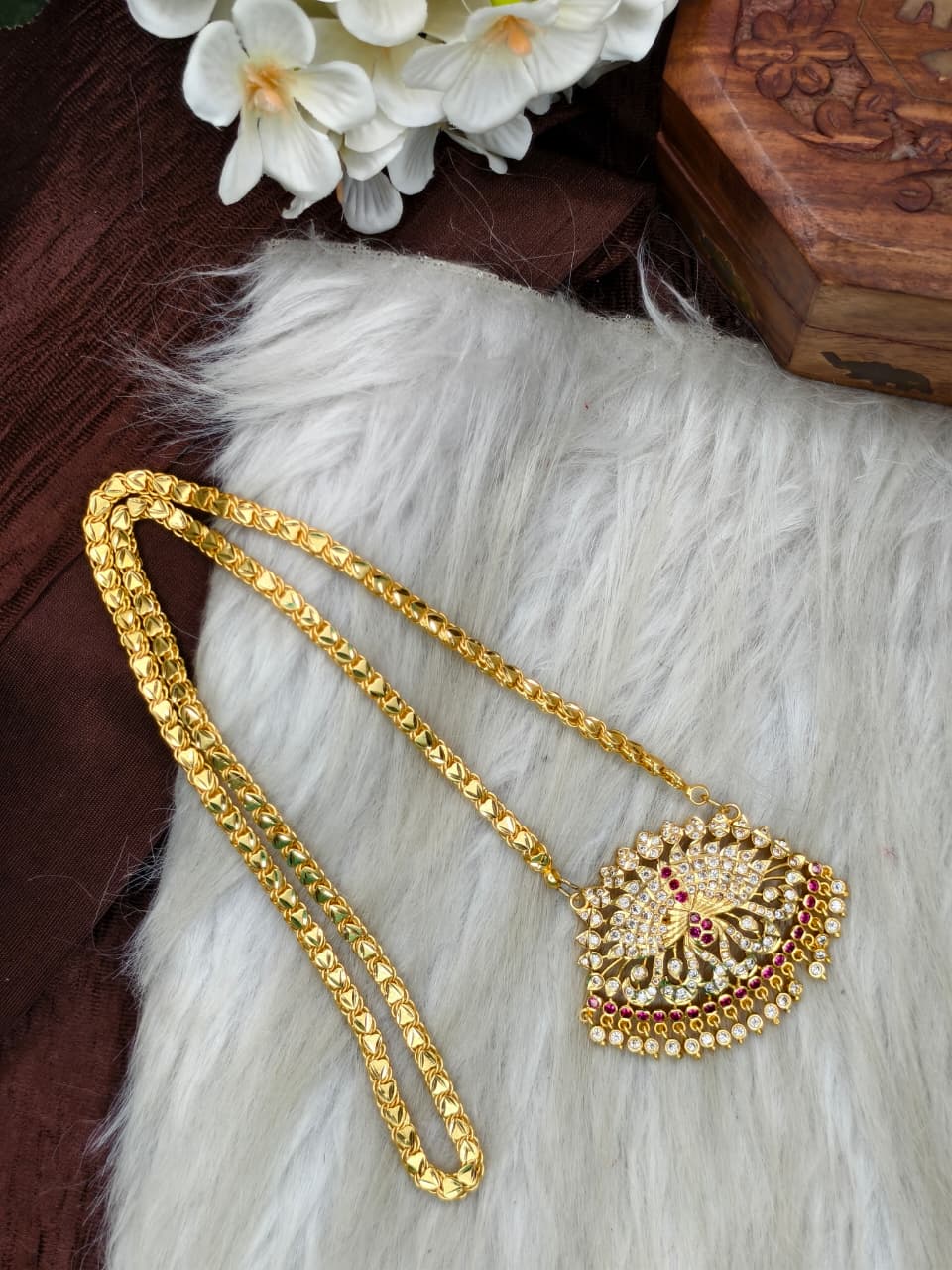 Women Impone Stone Dollar Chain with Gold Plated Finish