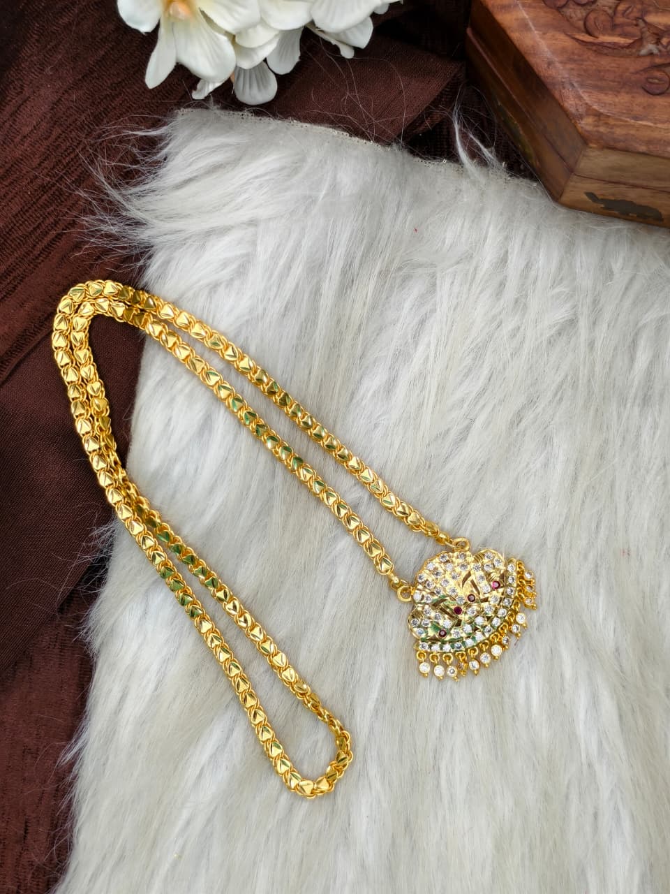 Women Impone Stone Dollar Chain with Gold Plated Finish