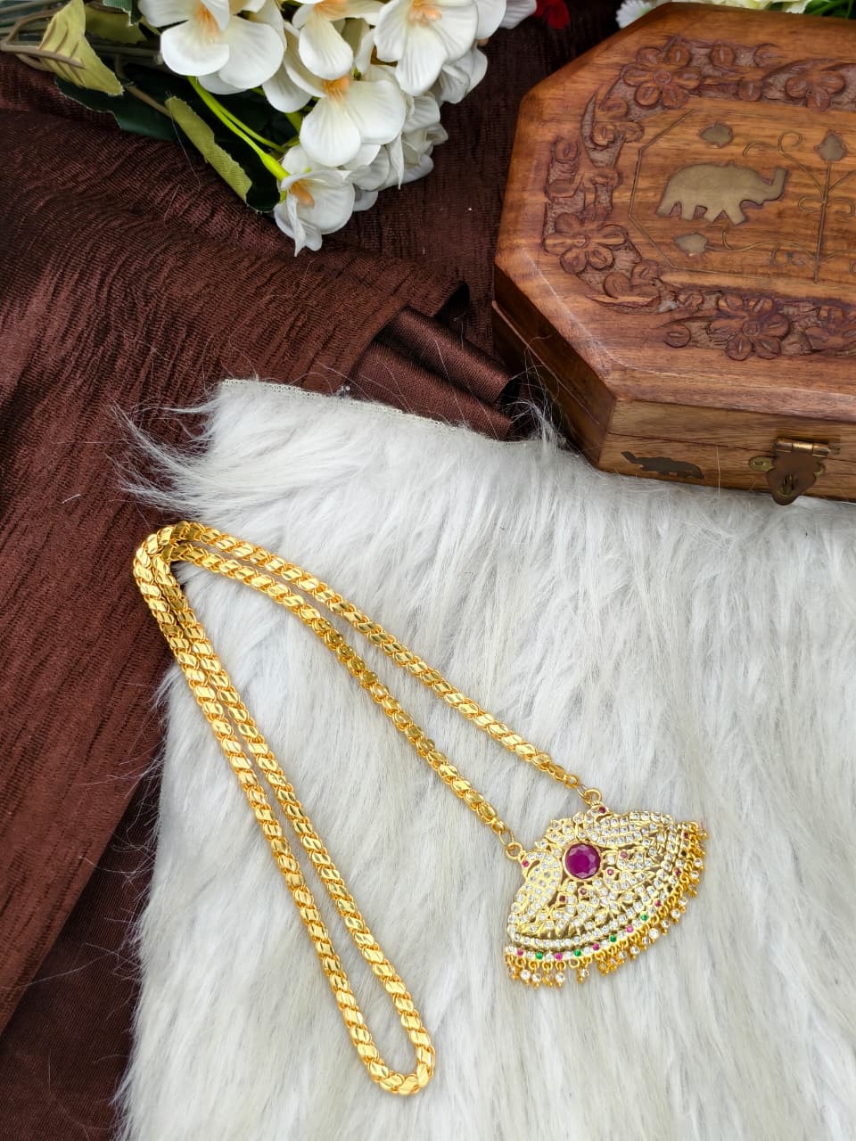 Women Impone Stone Dollar Chain with Gold Plated Finish