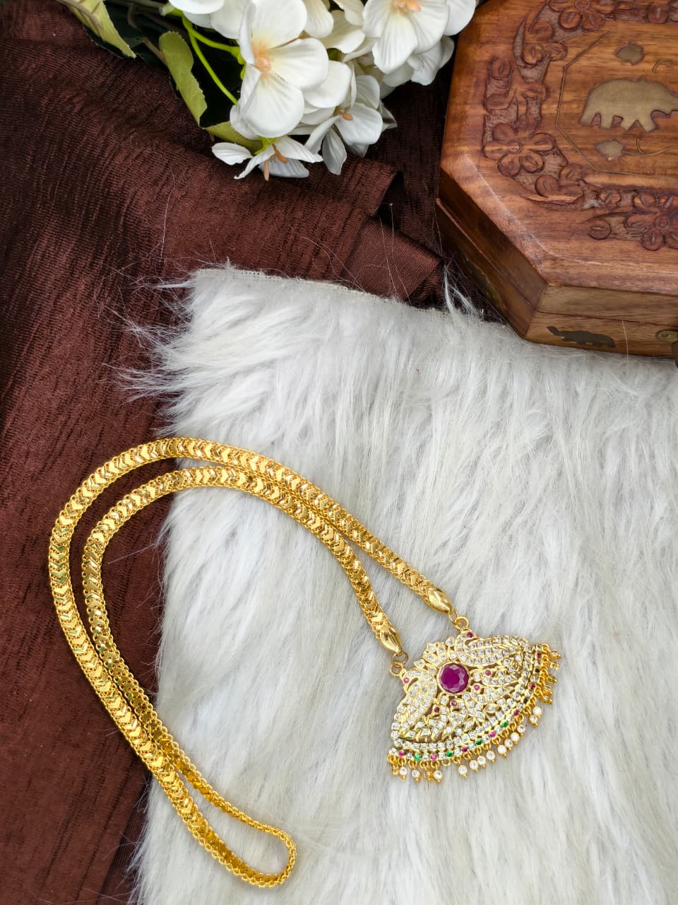 Women Impone Stone Dollar Chain with Gold Plated Finish