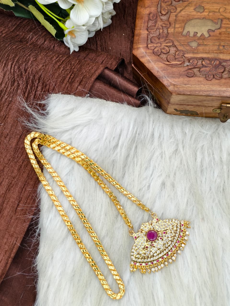 Women Impone Stone Dollar Chain with Gold Plated Finish