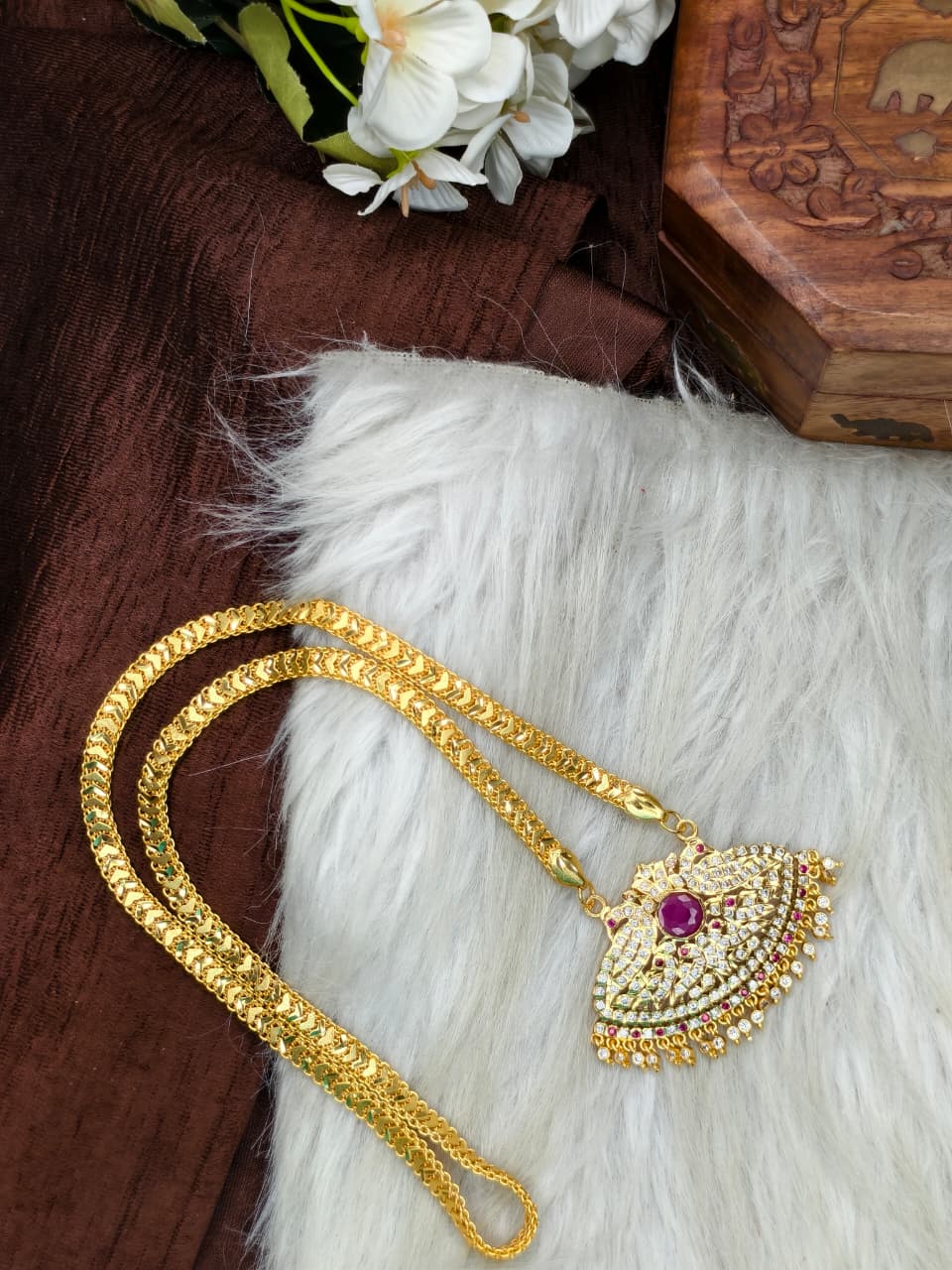 Women Impone Stone Dollar Chain with Gold Plated Finish