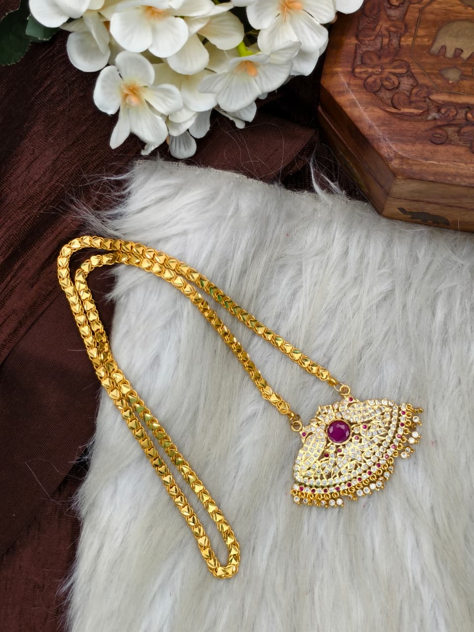 Women Impone Stone Dollar Chain with Gold Plated Finish