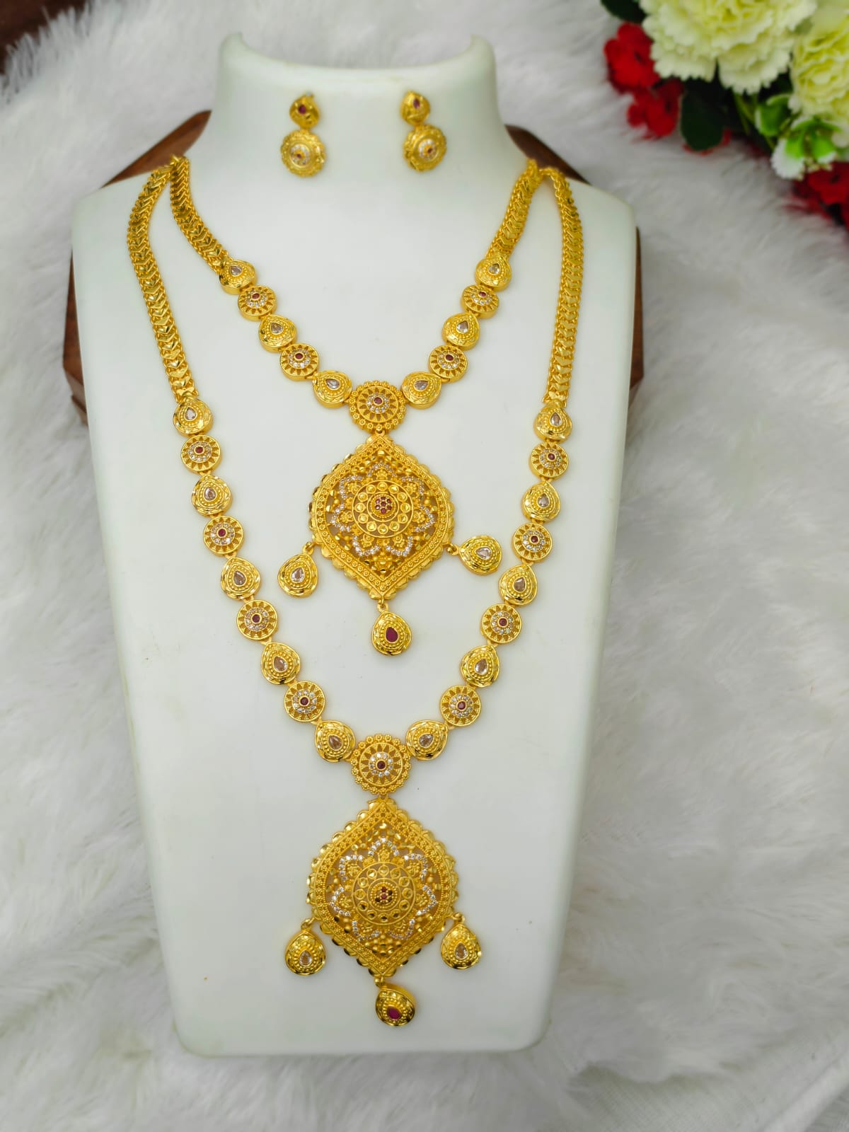 1 Gram Gold Plated Matte Finish Haram Necklace Combo for Women – Traditional Bridal Jewellery