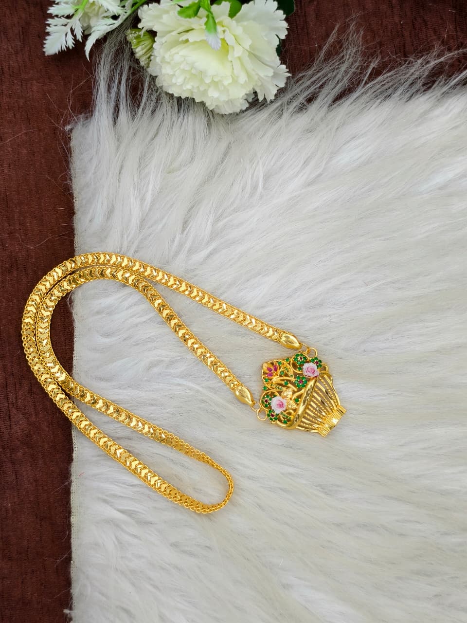 Elegant Basket Design Dollar Pendant – 1 Gram Gold Plated V Patta Chain Women Fashion Jewellery