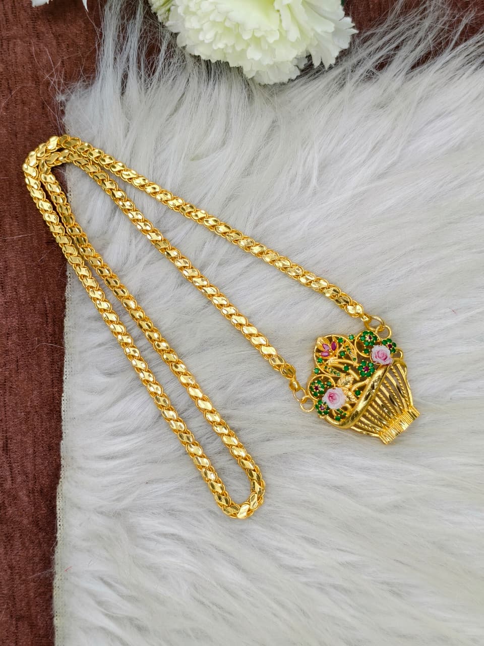 Elegant Basket Design Dollar Pendant – 1 Gram Gold Plated Leaf chain Women Fashion Jewellery