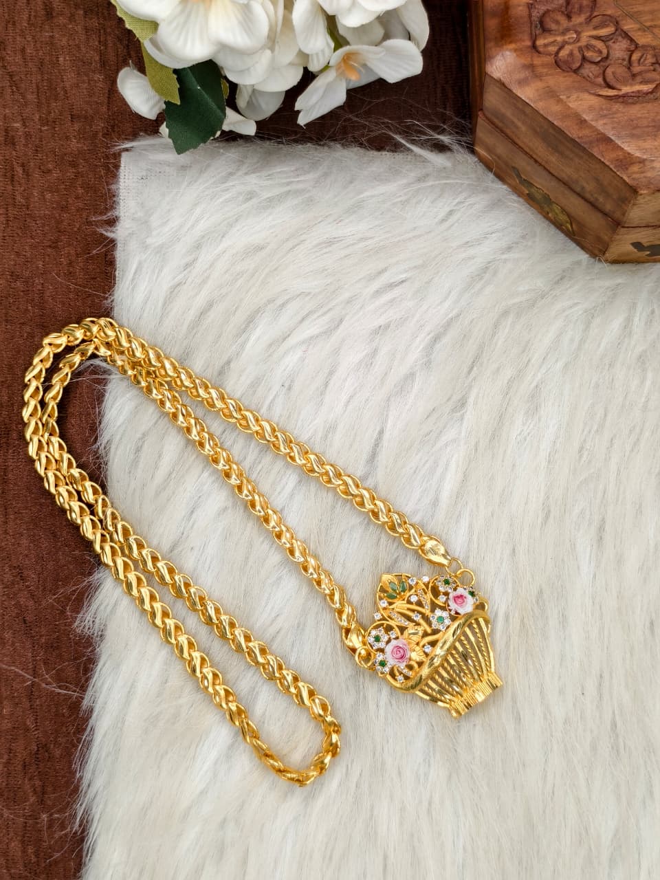 Elegant Basket Design Dollar Pendant – 1 Gram Gold Plated Lotus Chain Women Fashion Jewellery