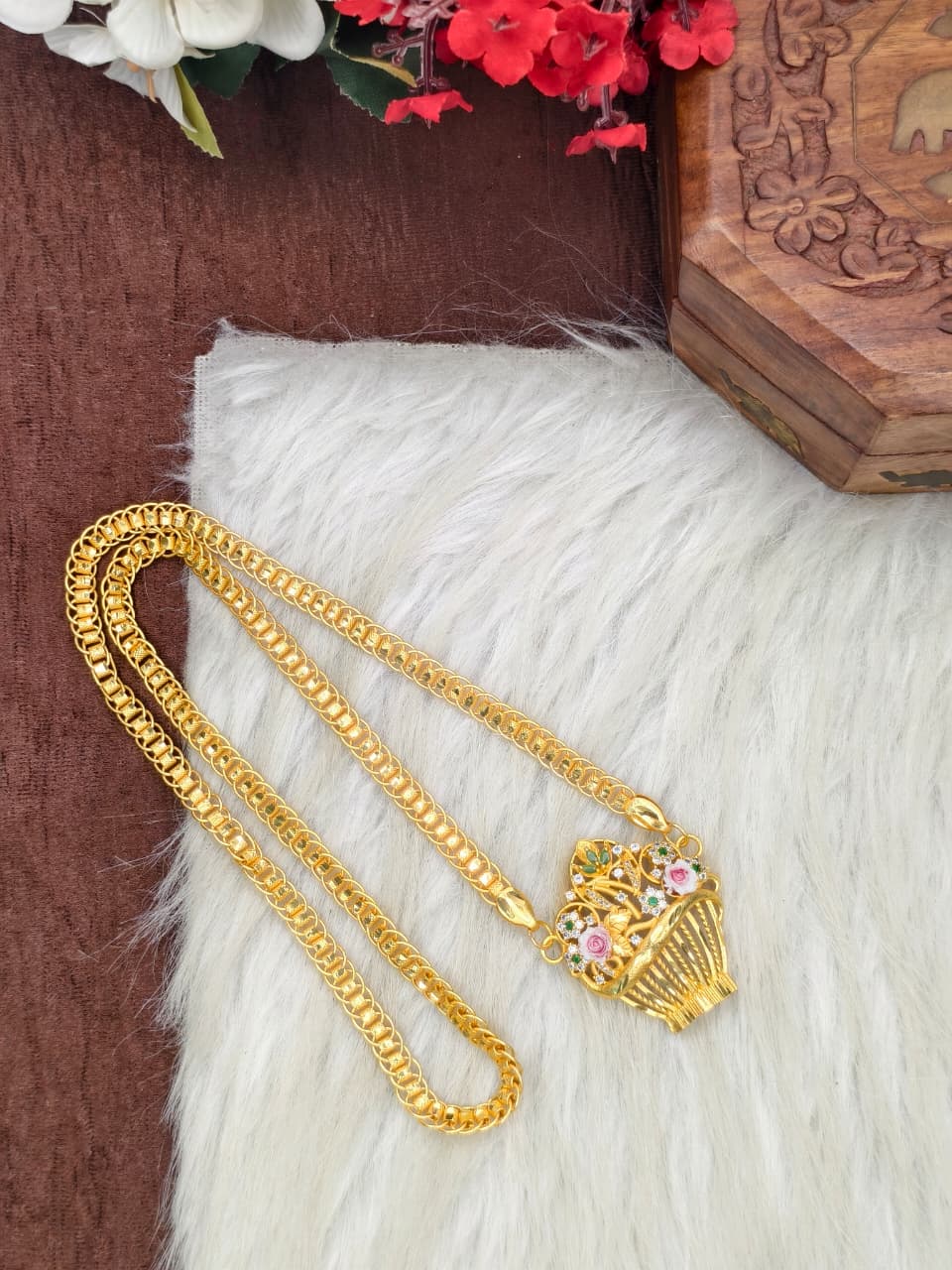 Elegant Basket Design Dollar Pendant – 1 Gram Gold Plated Ring Chain Women Fashion Jewellery