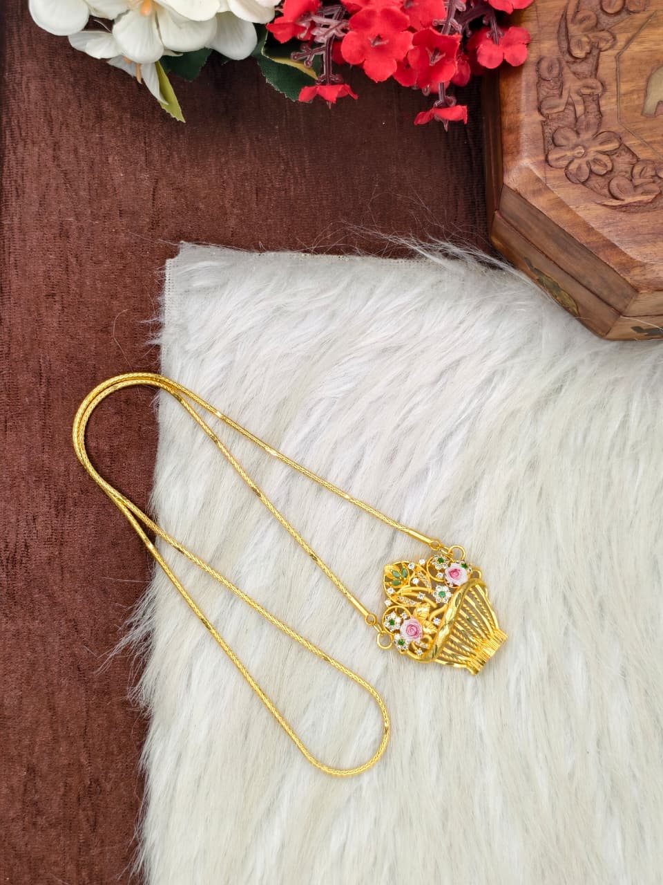 Elegant Basket Design Dollar Pendant – 1 Gram Gold Plated Saradu Chain Women Fashion Jewellery