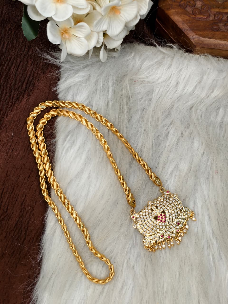 Women Impone Stone Dollar Chain with Gold Plated Finish