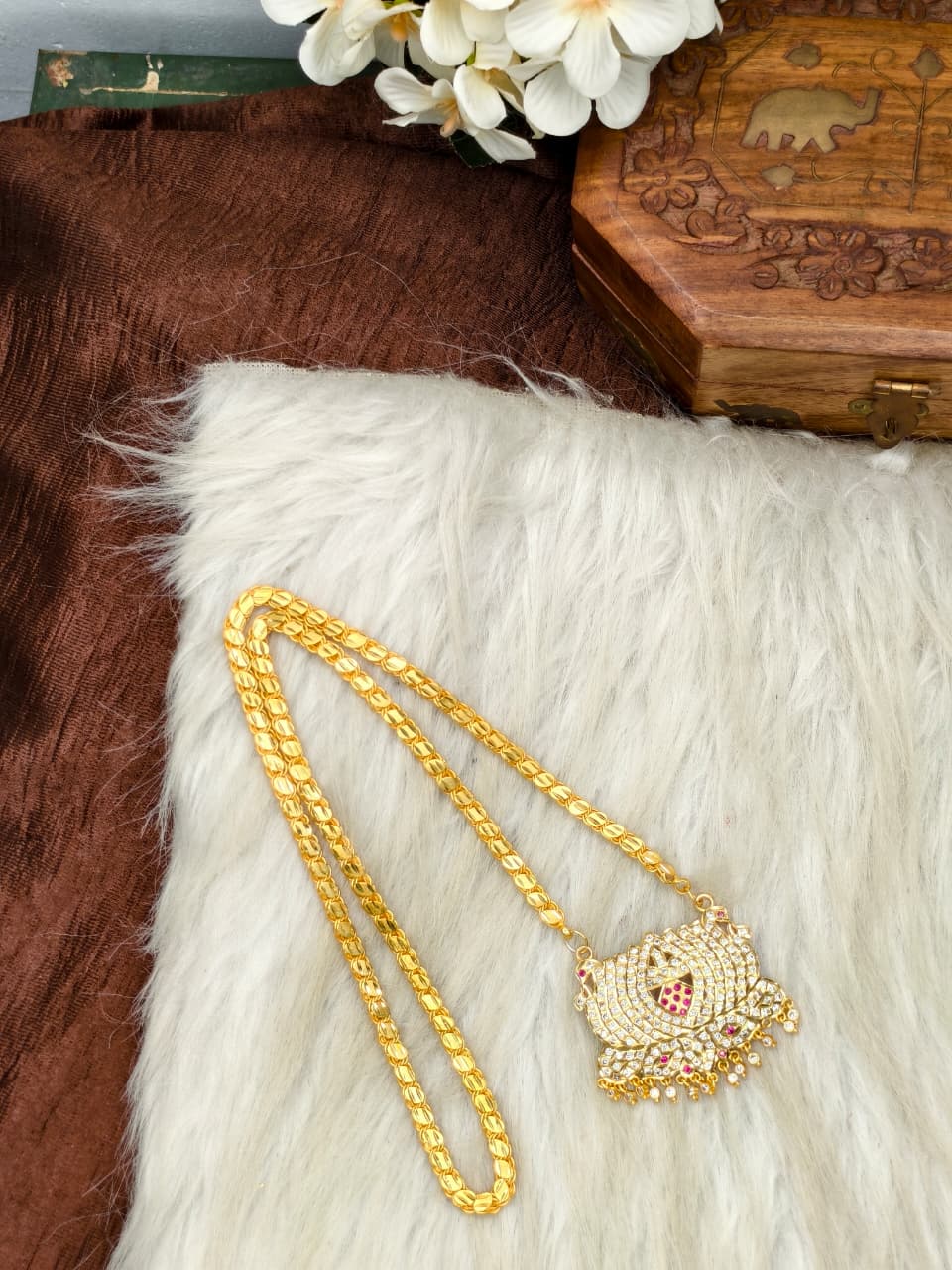 Women Impone Stone Dollar Chain with Gold Plated Finish