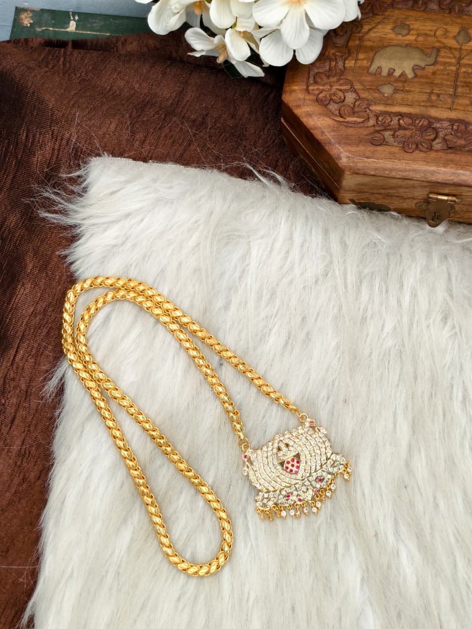 Women Impone Stone Dollar Chain with Gold Plated Finish
