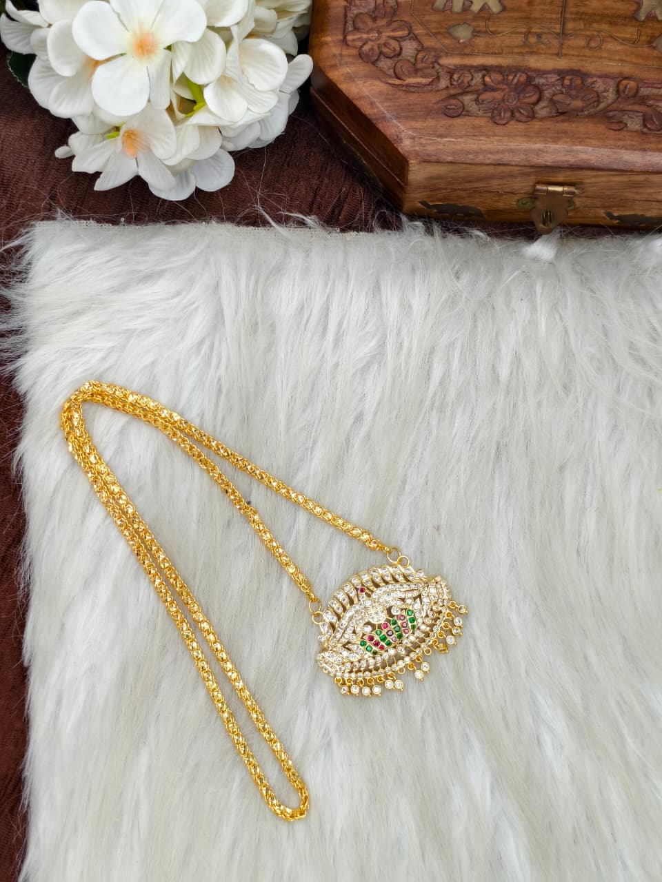 Women Impone Stone Dollar Chain with Gold Plated Finish