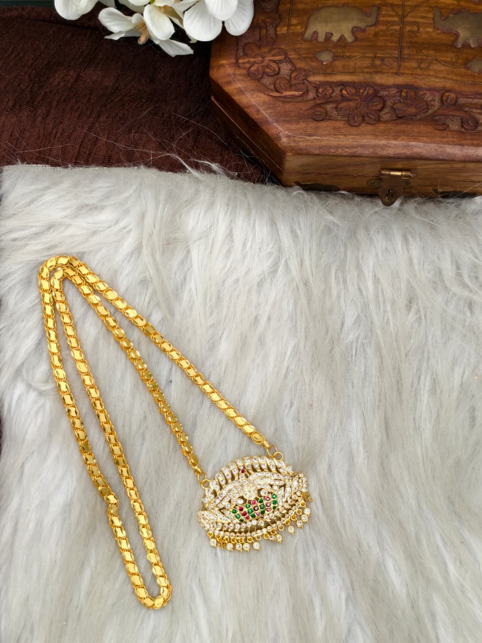 Women Impone Stone Dollar Chain with Gold Plated Finish