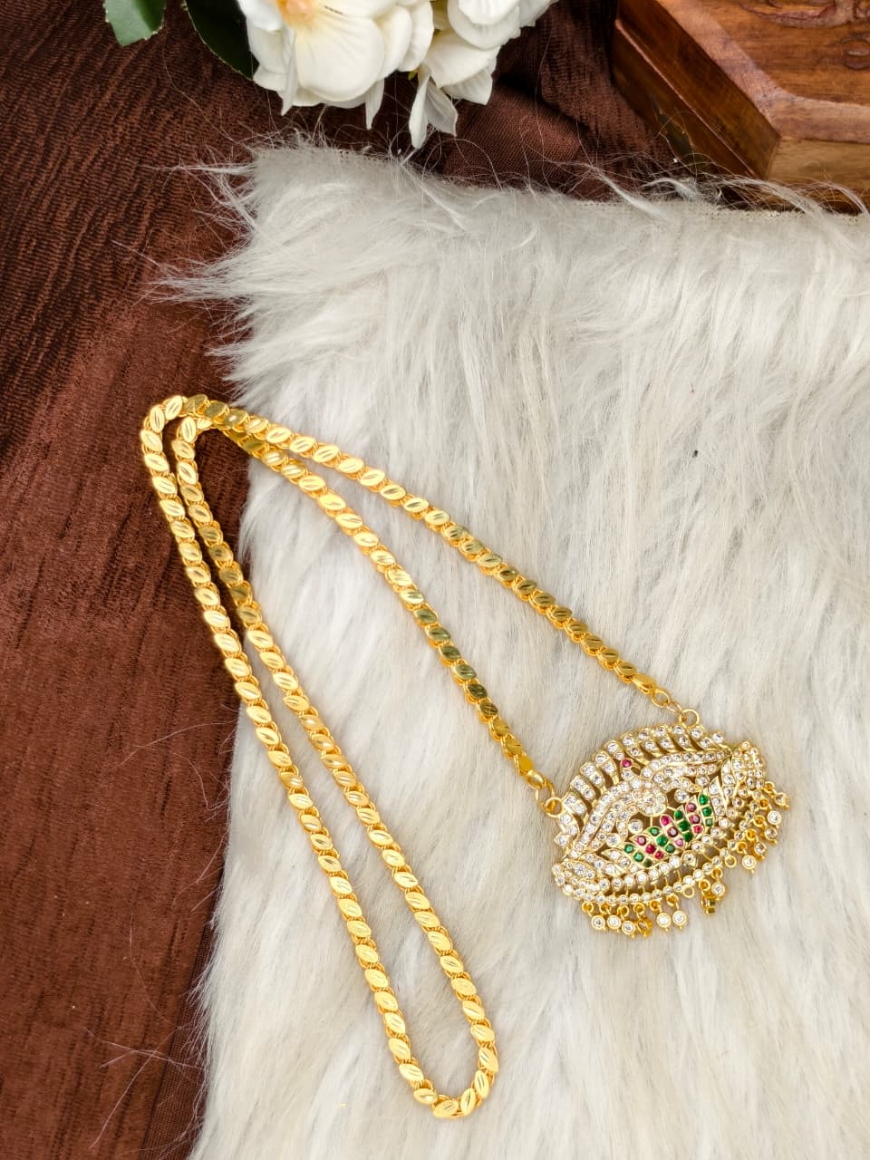 Women Impone Stone Dollar Chain with Gold Plated Finish