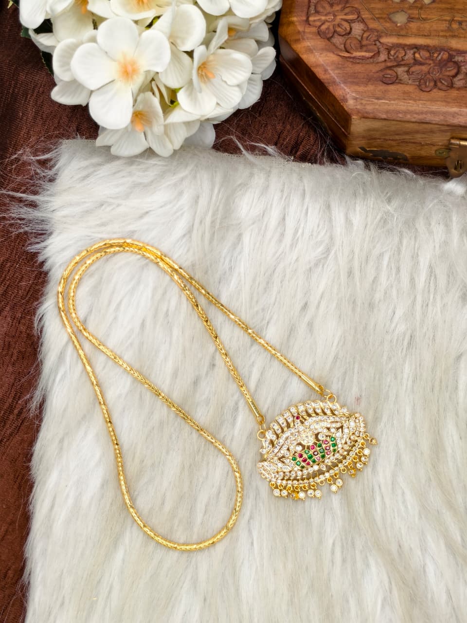 Women Impone Stone Dollar Chain with Gold Plated Finish