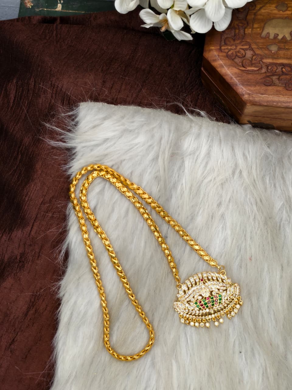 Women Impone Stone Dollar Chain with Gold Plated Finish