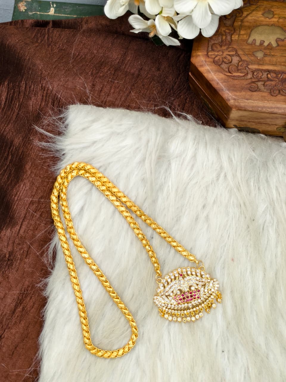 Women Impone Stone Dollar Chain with Gold Plated Finish