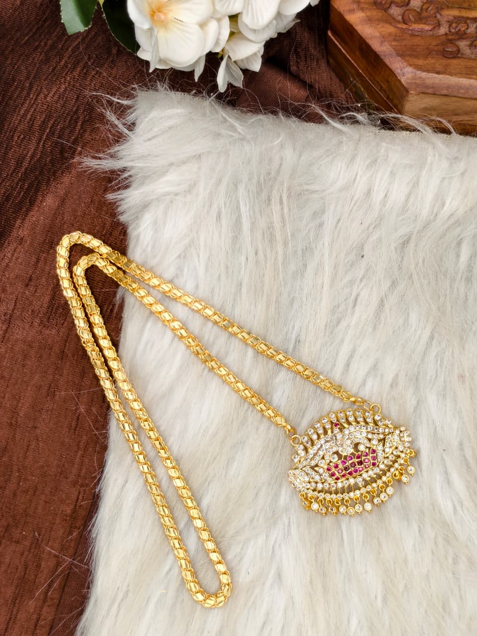 Women Impone Stone Dollar Chain with Gold Plated Finish