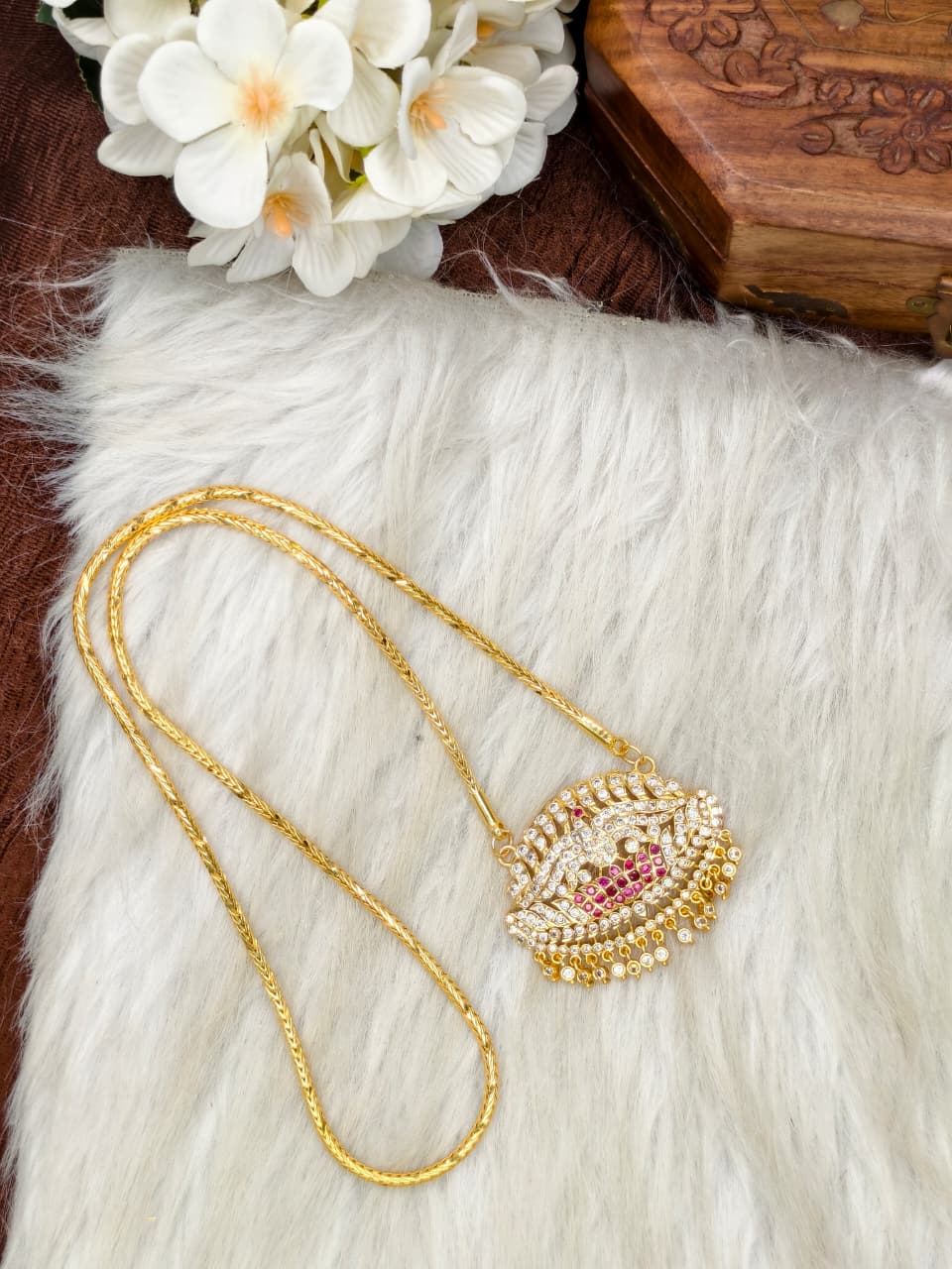 Women Impone Stone Dollar Chain with Gold Plated Finish