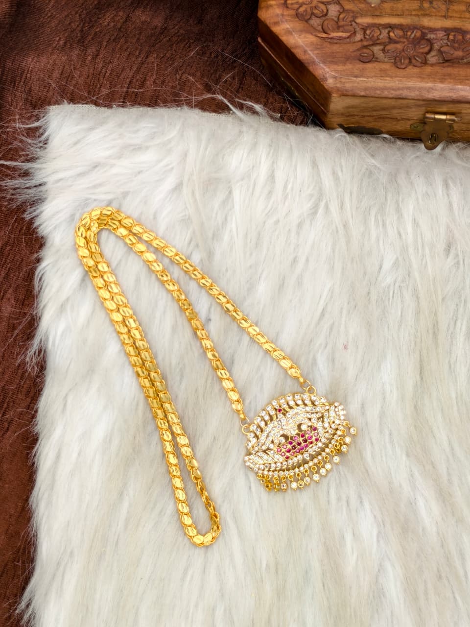 Women Impone Stone Dollar Chain with Gold Plated Finish