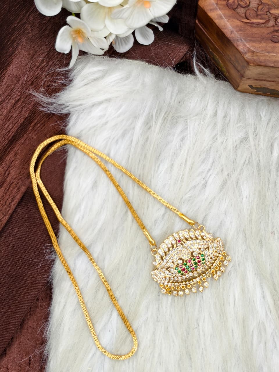 Women Impone Stone Dollar Chain with Gold Plated Finish