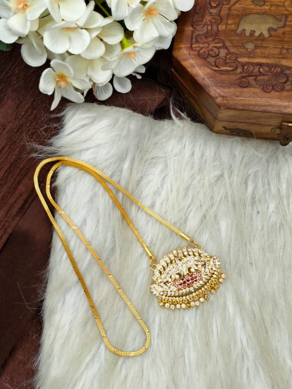 Women Impone Stone Dollar Chain with Gold Plated Finish
