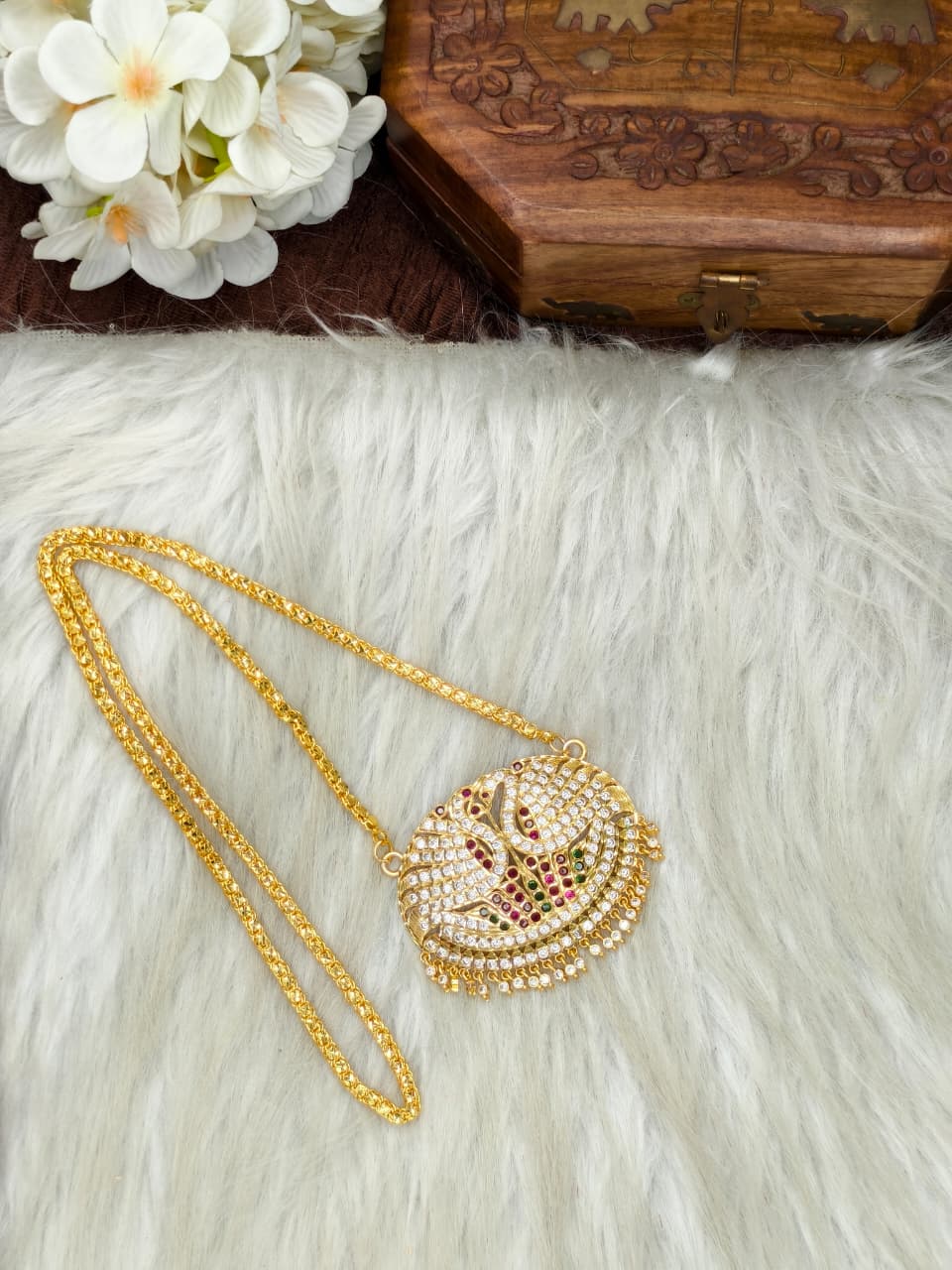 Women Impone Stone Dollar Chain with Gold Plated Finish