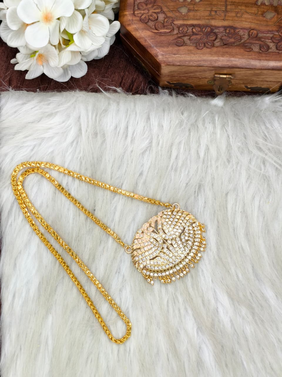Women Impone Stone Dollar Chain with Gold Plated Finish