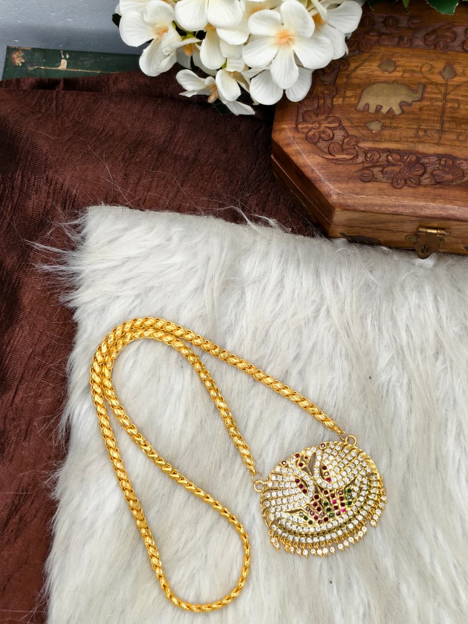 Women Impone Stone Dollar Chain with Gold Plated Finish