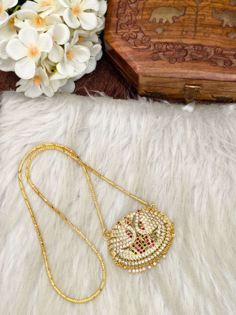 Women Impone Stone Dollar Chain with Gold Plated Finish