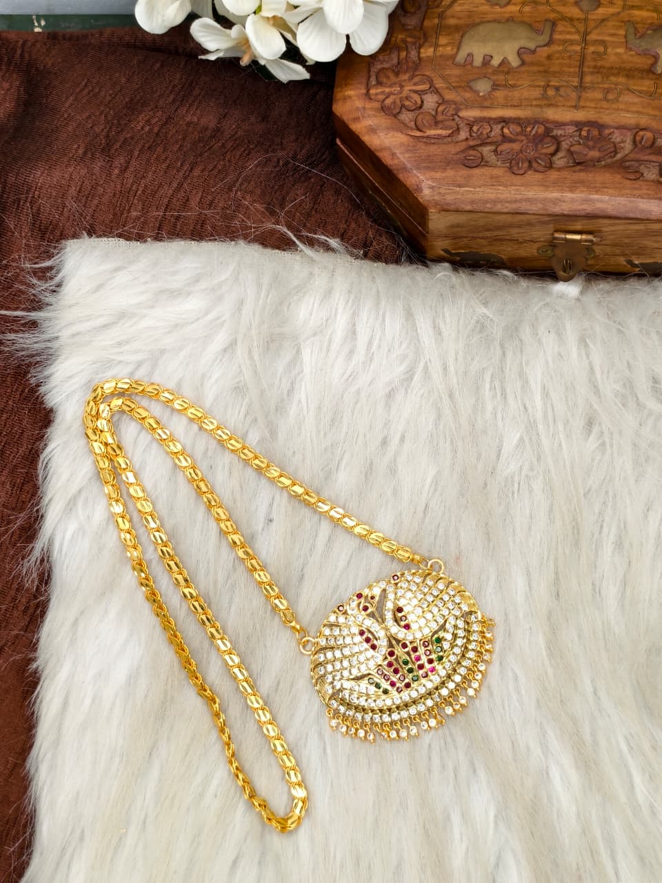 Women Impone Stone Dollar Chain with Gold Plated Finish